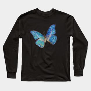 Blue Morpho Butterfly Hyperrealism Colored Pencil Drawing Long Sleeve T-Shirt